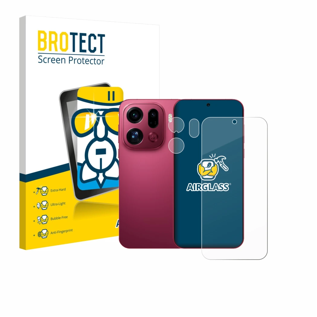 Face avant d’un emballage produit avec le logo de la marque BROTECT. À côté, l’appareil Oppo Find X9 Pro (Avant+Caméra) est re