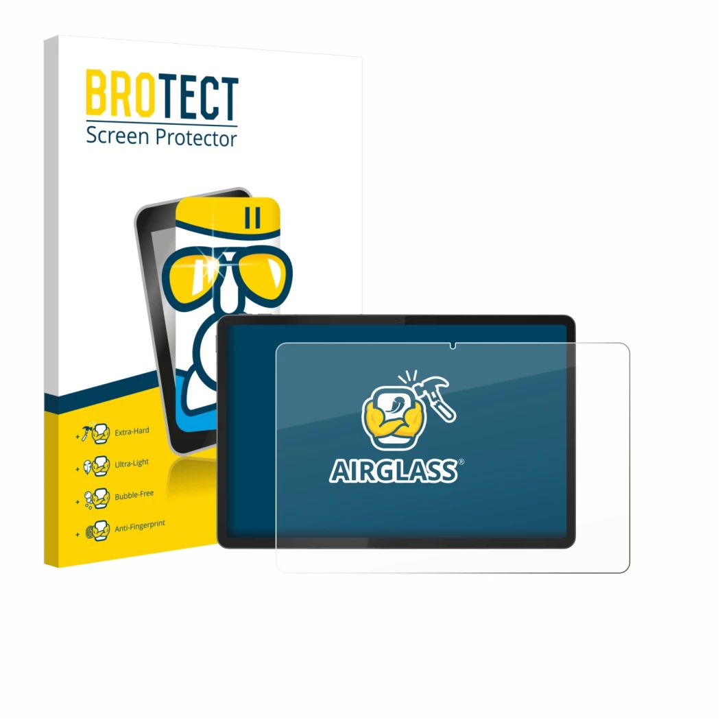 Face avant d’un emballage produit avec le logo de la marque BROTECT. À côté, l’appareil Lenovo Idea Tab Plus 12.1