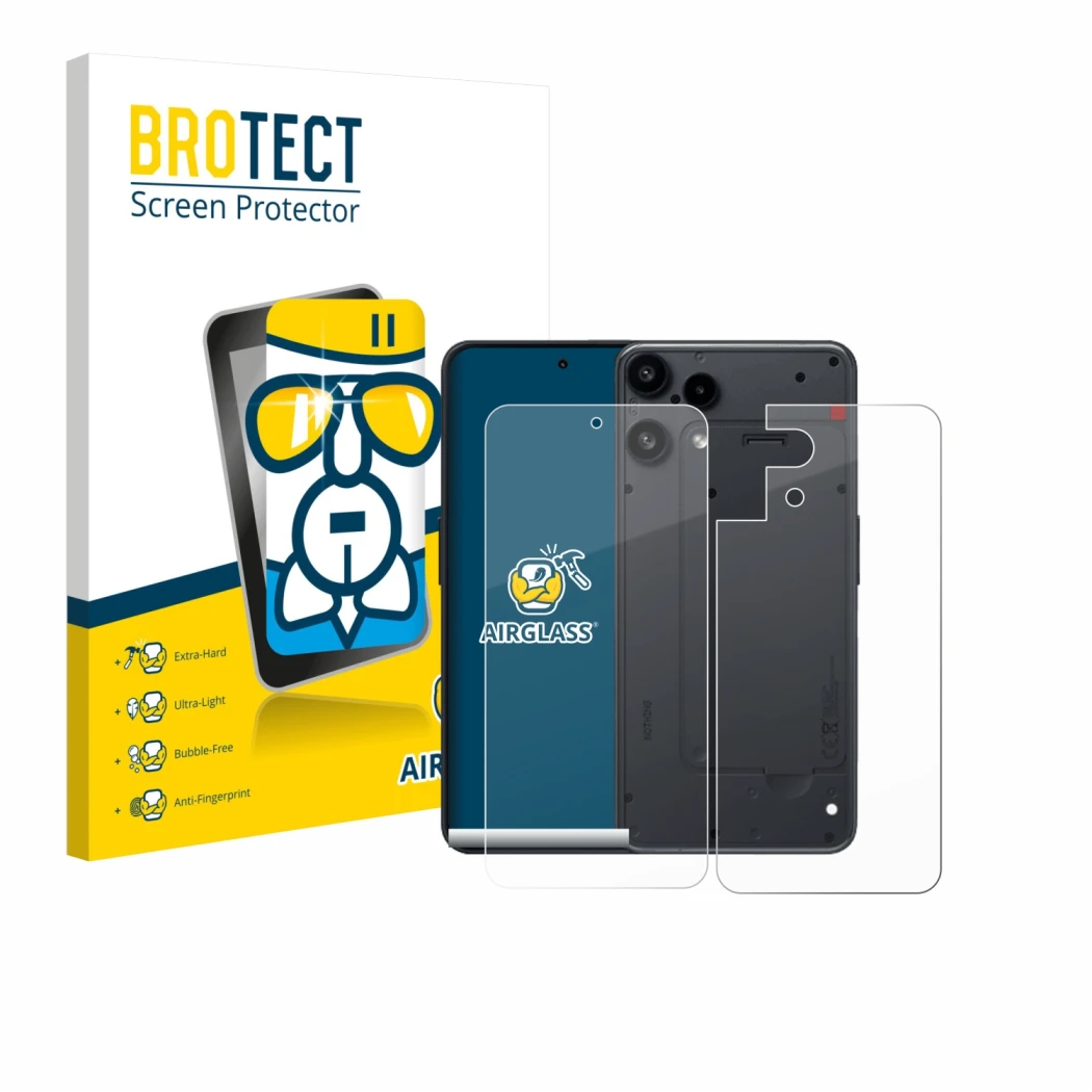 Face avant d’un emballage produit avec le logo de la marque BROTECT. À côté, l’appareil Nothing Phone (3a) Lite (Avant+Arrière