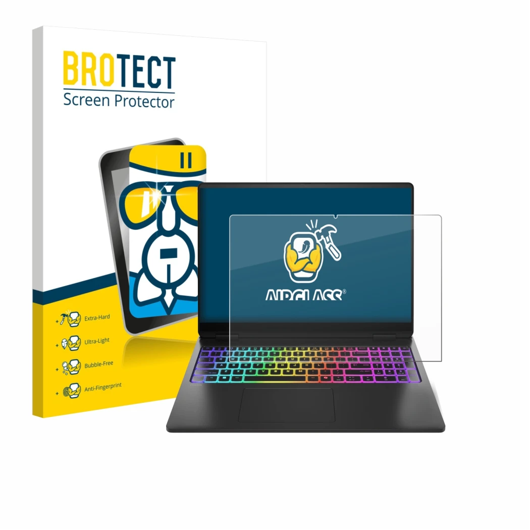 Face avant d’un emballage produit avec le logo de la marque BROTECT. À côté, l’appareil HP Omen Max 16 est représenté avec la