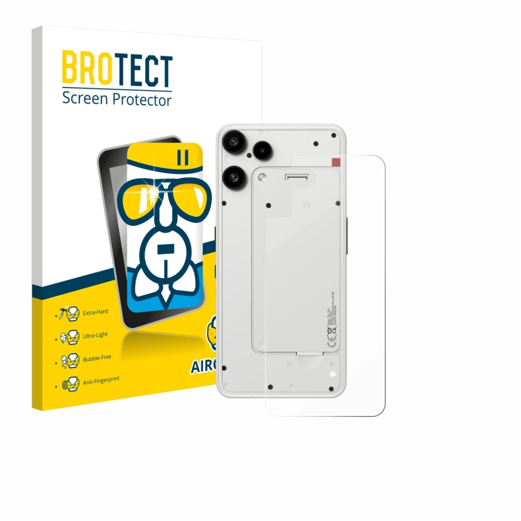 Face avant d’un emballage produit avec le logo de la marque BROTECT. À côté, l’appareil Nothing Phone (3a) Lite (Arrière) est 