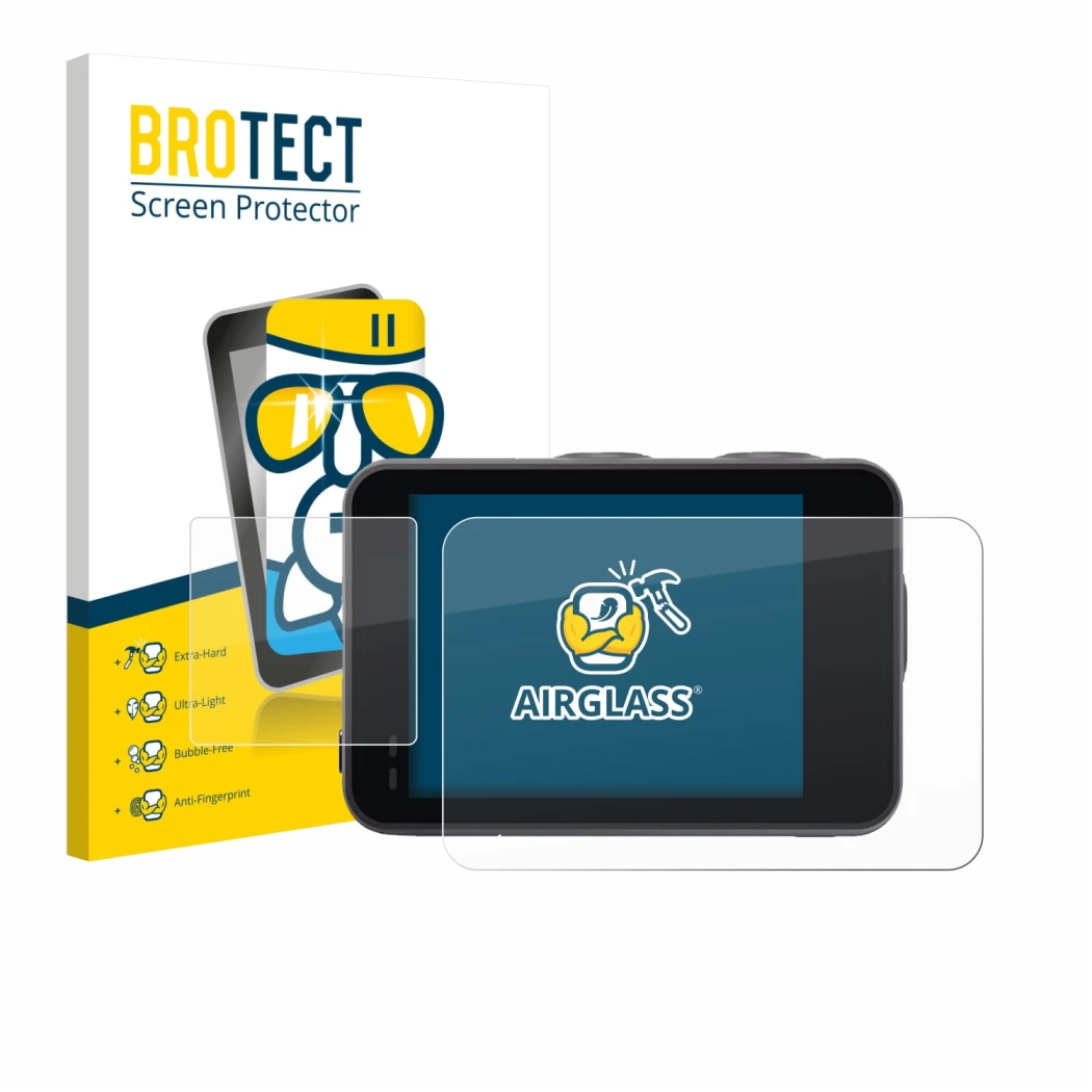 Face avant d’un emballage produit avec le logo de la marque BROTECT. À côté, l’appareil Akaso Brave 7 est représenté avec la p