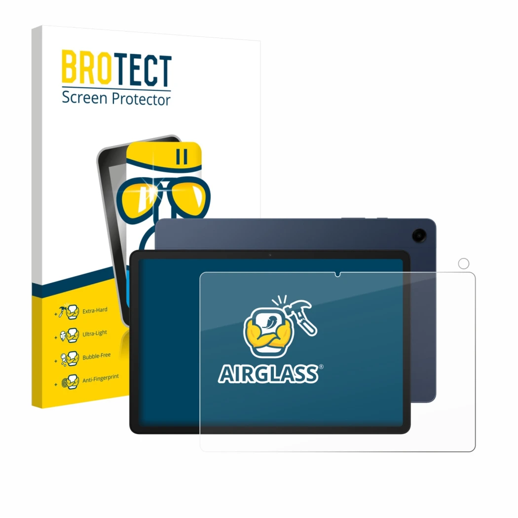 Face avant d’un emballage produit avec le logo de la marque BROTECT. À côté, l’appareil Samsung Galaxy Tab A9 Plus (Avant+Camé