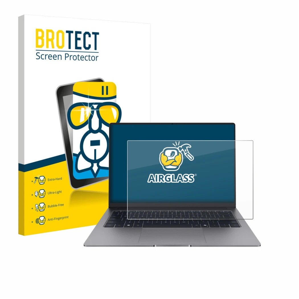 Face avant d’un emballage produit avec le logo de la marque BROTECT. À côté, l’appareil Honor MagicBook X14 Plus 2025 est repr