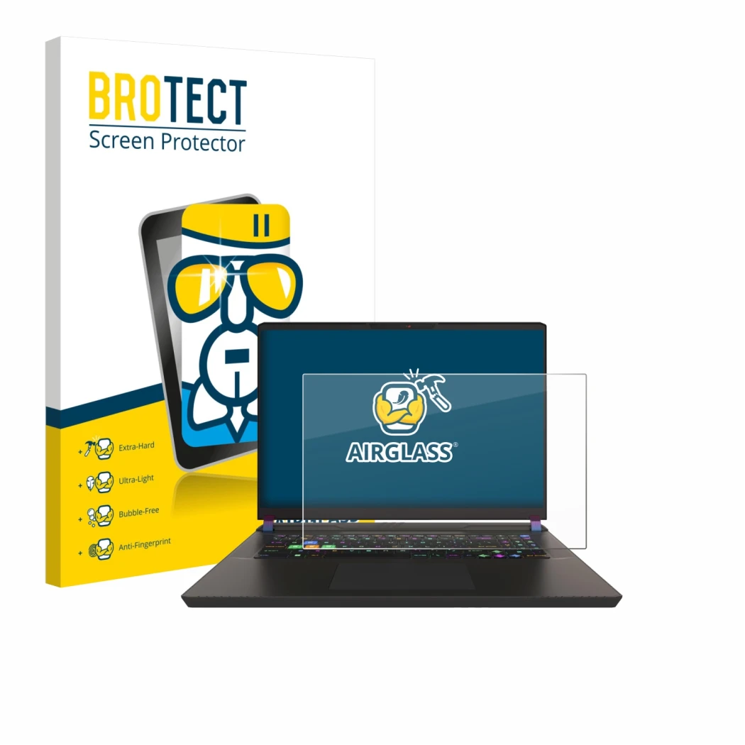 Face avant d’un emballage produit avec le logo de la marque BROTECT. À côté, l’appareil MSI Vector 17 HX est représenté avec l