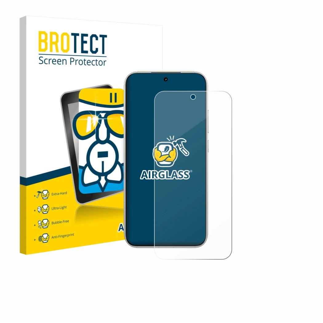 Face avant d’un emballage produit avec le logo de la marque BROTECT. À côté, l’appareil Xiaomi Poco F8 Pro est représenté avec