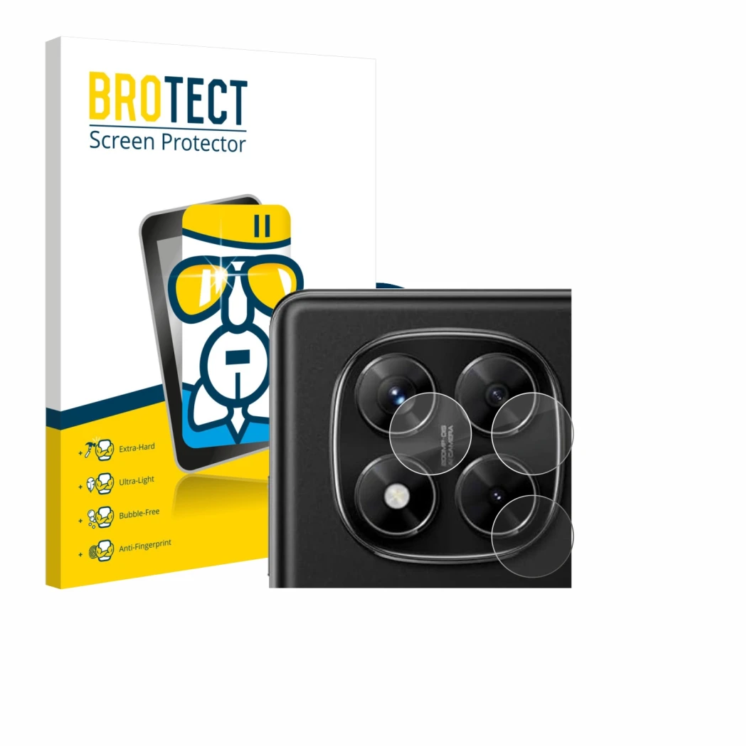 Face avant d’un emballage produit avec le logo de la marque BROTECT. À côté, l’appareil Xiaomi Redmi Note 14 Pro 4G (Caméra UN