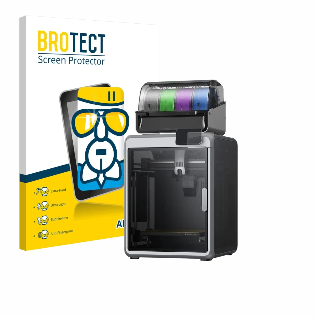 Face avant d’un emballage produit avec le logo de la marque BROTECT. À côté, l’appareil Creality K2 est représenté avec la pro
