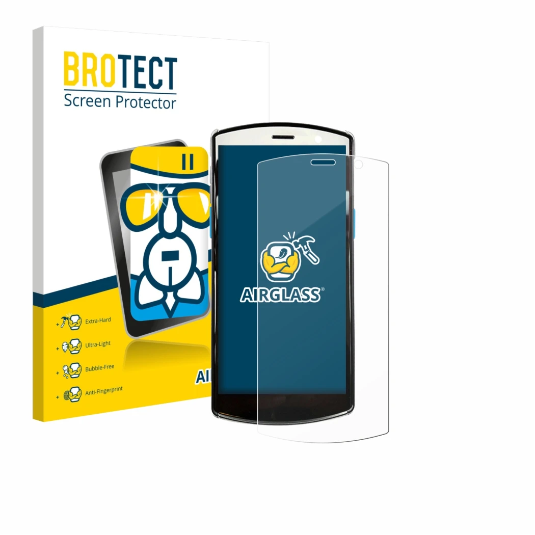 Face avant d’un emballage produit avec le logo de la marque BROTECT. À côté, l’appareil Unitech EA510 est représenté avec la p