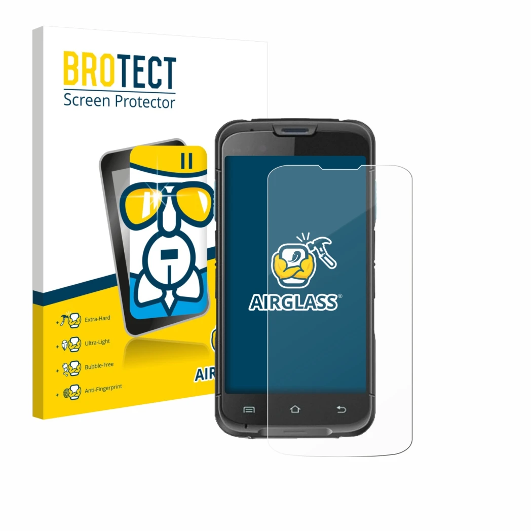 Face avant d’un emballage produit avec le logo de la marque BROTECT. À côté, l’appareil Unitech EA602 est représenté avec la p