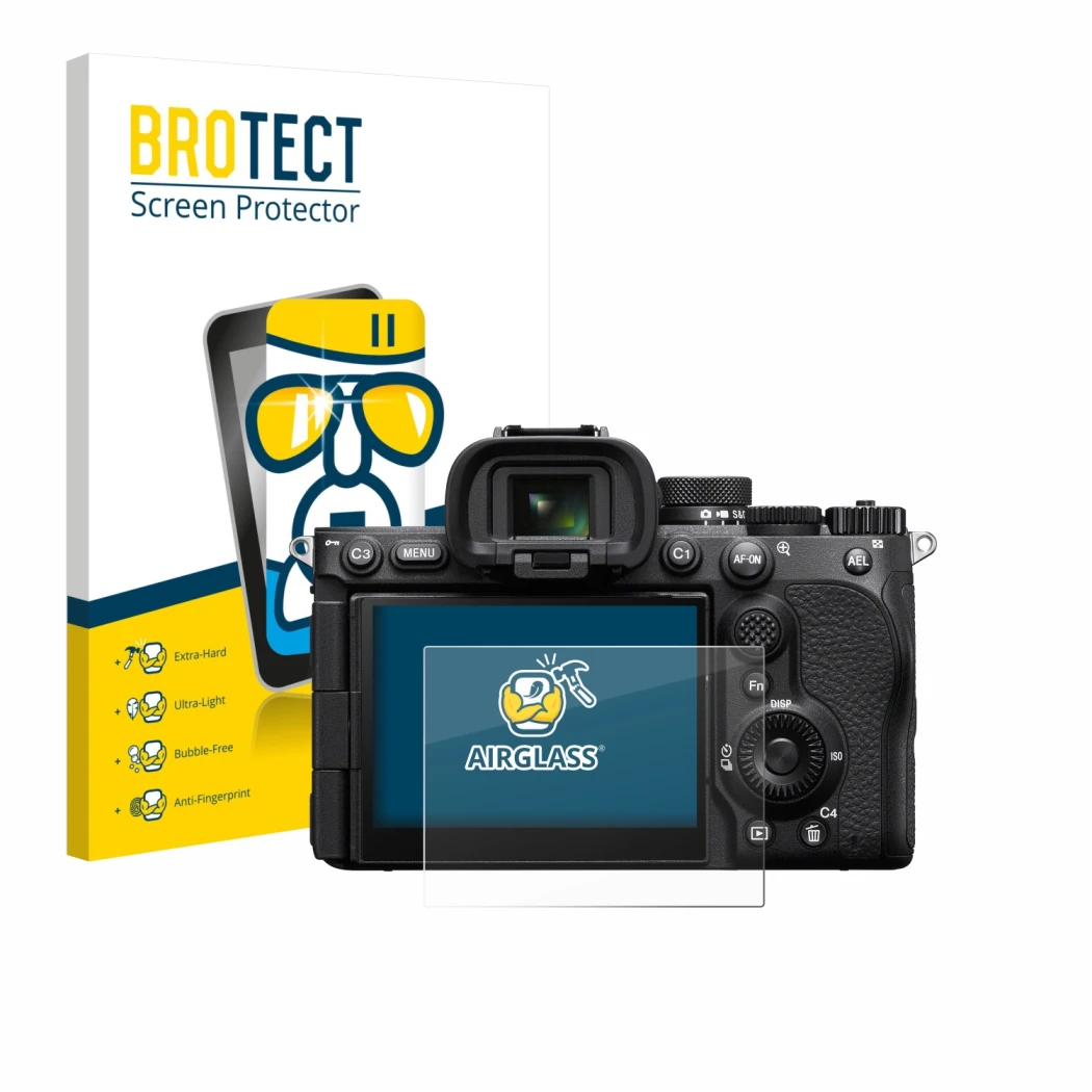 Face avant d’un emballage produit avec le logo de la marque BROTECT. À côté, l’appareil Sony Alpha 7 V (ILCE-7M5) est représen