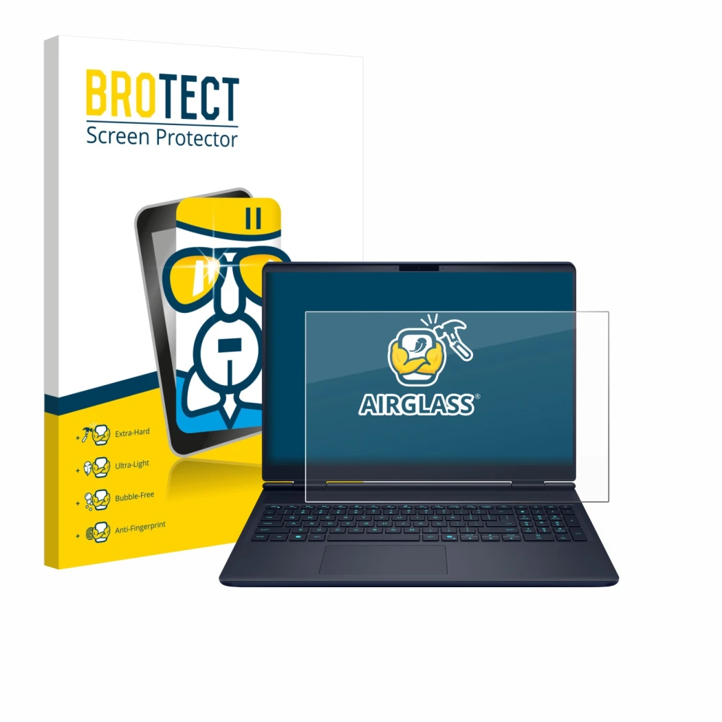 Face avant d’un emballage produit avec le logo de la marque BROTECT. À côté, l’appareil Dell Alienware 16X est représenté avec