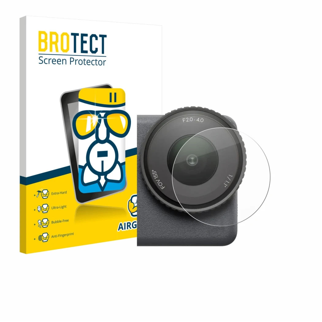 Face avant d’un emballage produit avec le logo de la marque BROTECT. À côté, l’appareil DJI Osmo Action 6 (Lentille) est repré