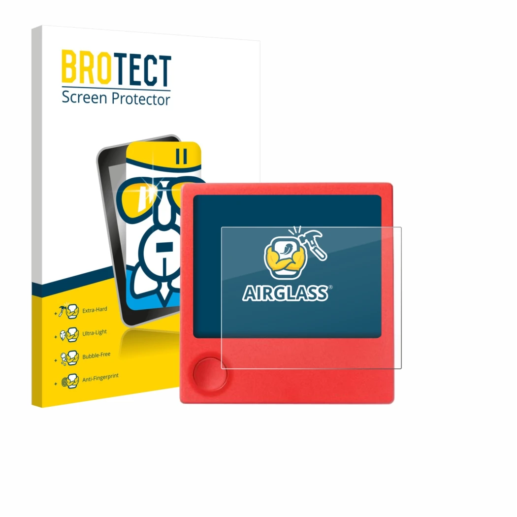 Face avant d’un emballage produit avec le logo de la marque BROTECT. À côté, l’appareil PicPak E-Ink Display est représenté av
