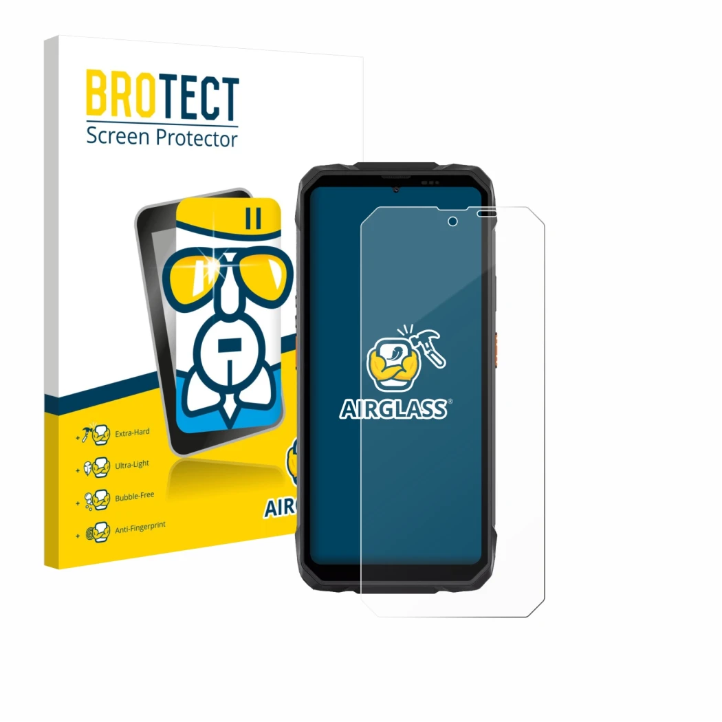 Face avant d’un emballage produit avec le logo de la marque BROTECT. À côté, l’appareil Blackview Rock 1 est représenté avec l