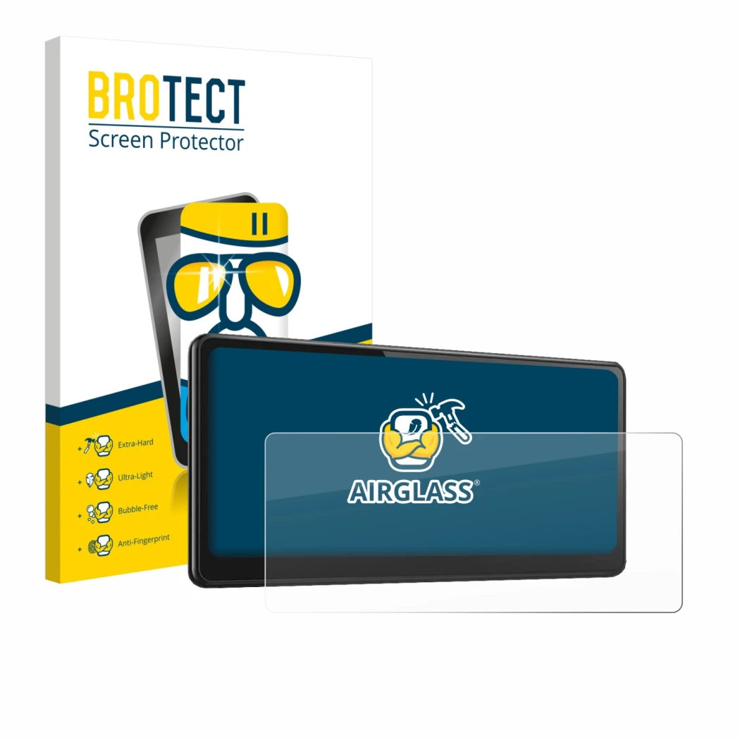 Face avant d’un emballage produit avec le logo de la marque BROTECT. À côté, l’appareil CarpodGo T3 Pro 8.9