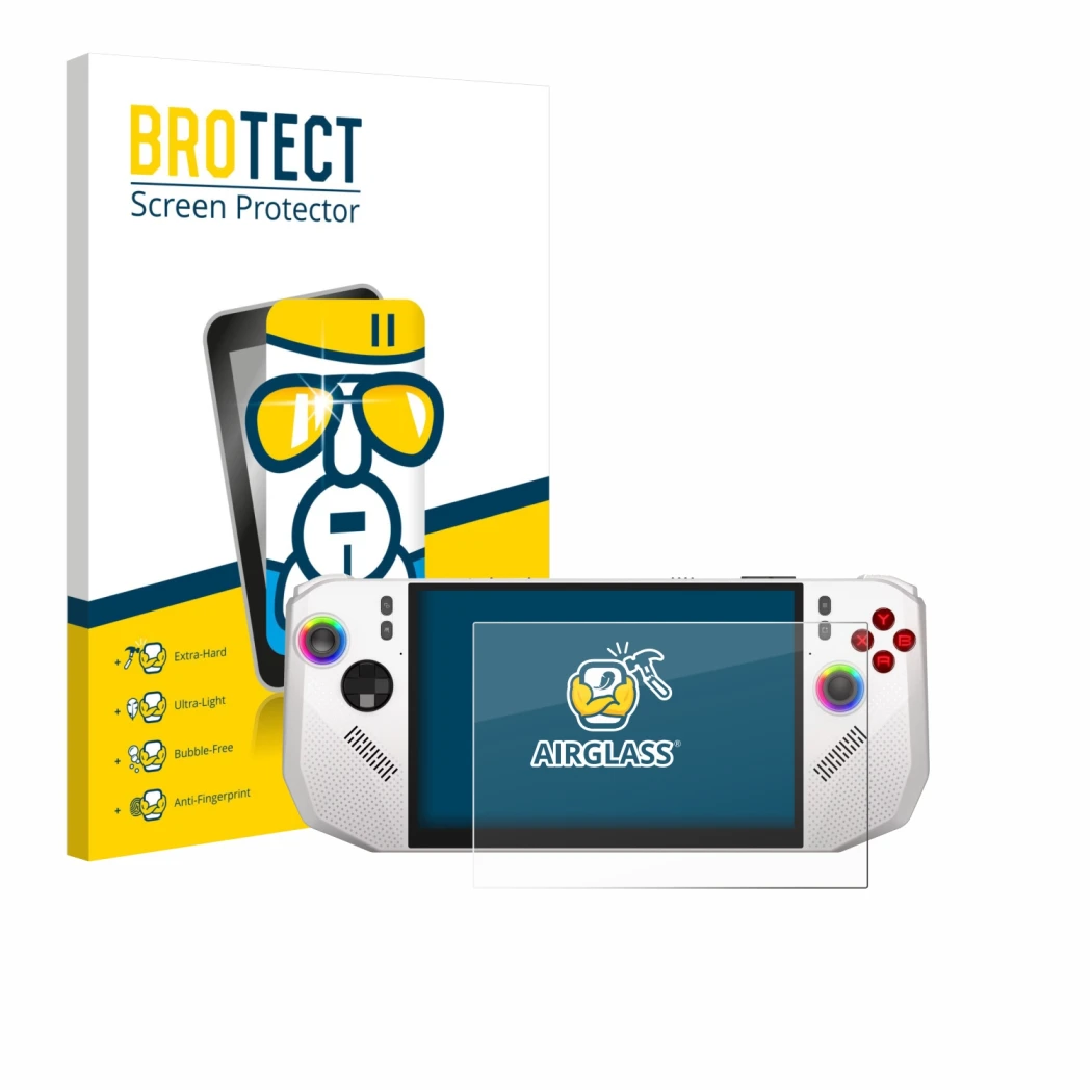 Face avant d’un emballage produit avec le logo de la marque BROTECT. À côté, l’appareil MSI Claw A8 BZ2EM est représenté avec