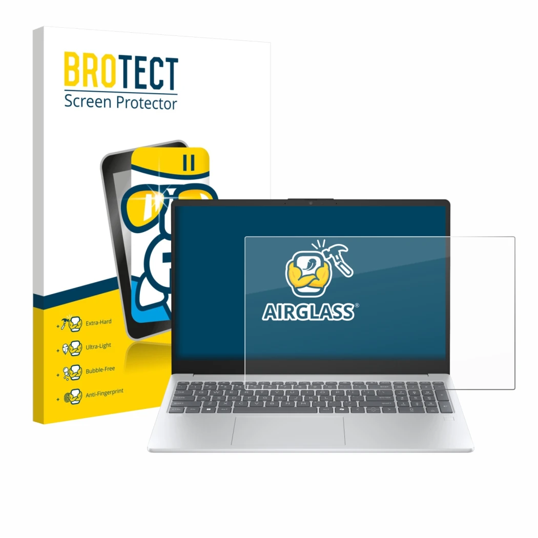 Face avant d’un emballage produit avec le logo de la marque BROTECT. À côté, l’appareil HP OmniBook 3 14