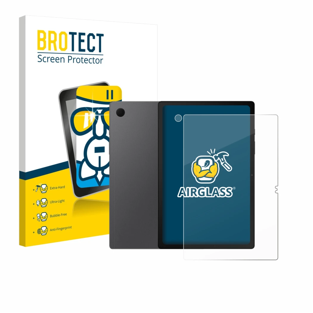 Face avant d’un emballage produit avec le logo de la marque BROTECT. À côté, l’appareil Samsung Galaxy Tab A8 (Avant+Caméra) e