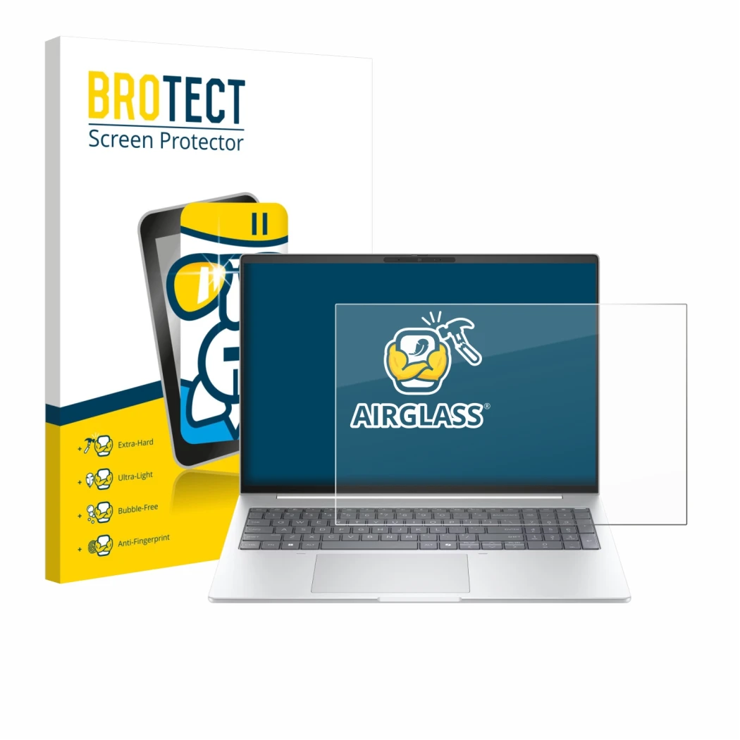 Face avant d’un emballage produit avec le logo de la marque BROTECT. À côté, l’appareil HP EliteBook 8 G1i 16