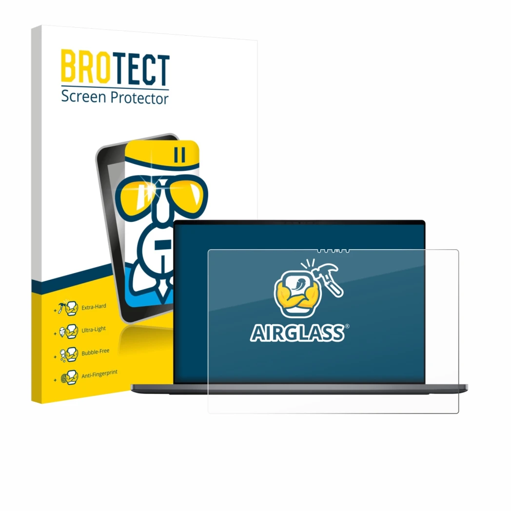 Face avant d’un emballage produit avec le logo de la marque BROTECT. À côté, l’appareil Dell XPS 16 DA16260 est représenté ave