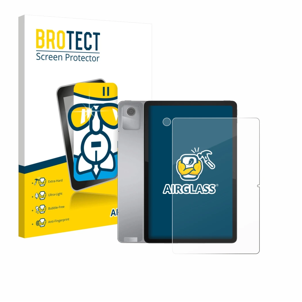 Face avant d’un emballage produit avec le logo de la marque BROTECT. À côté, l’appareil Lenovo Tab M11 (Avant+Caméra) est repr