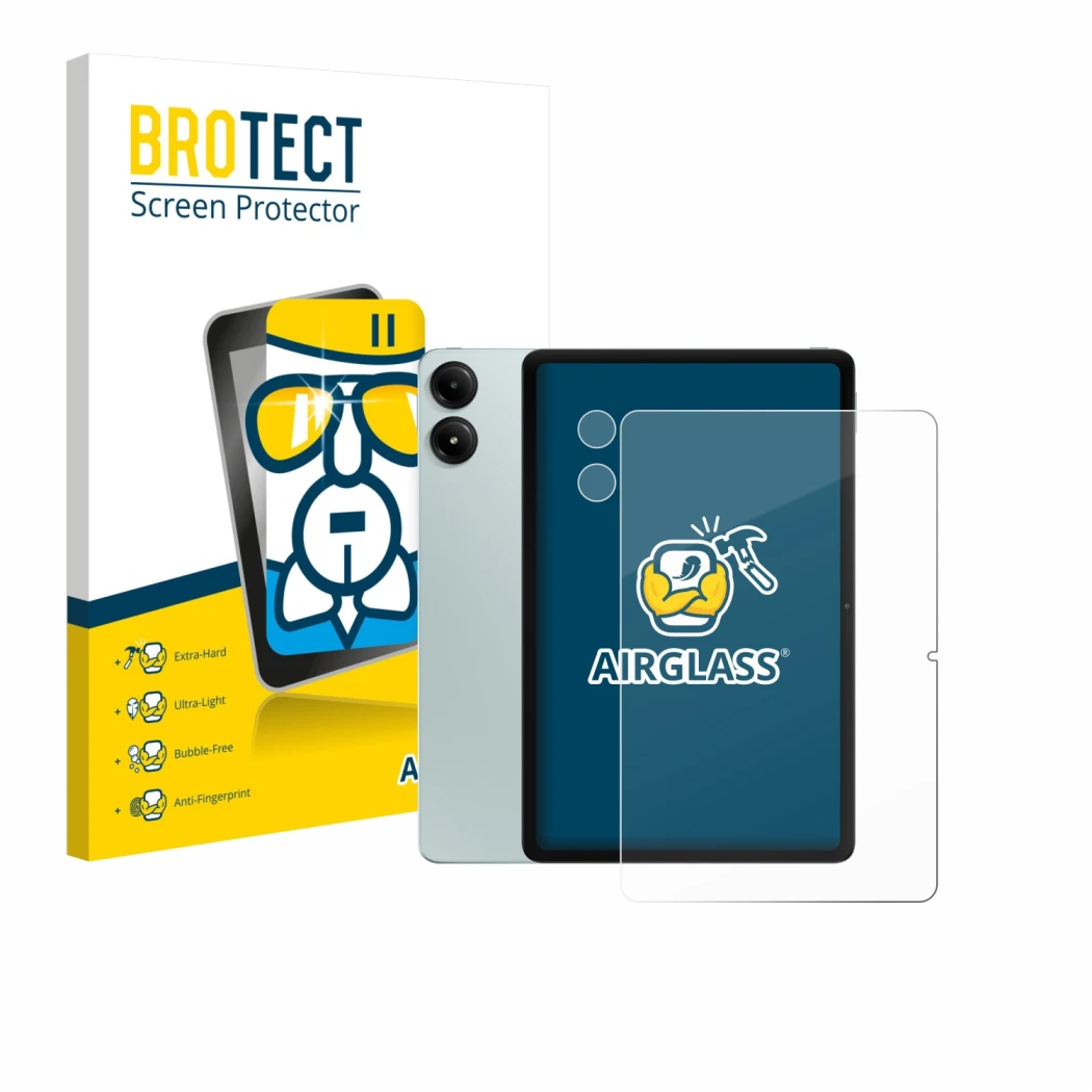 Face avant d’un emballage produit avec le logo de la marque BROTECT. À côté, l’appareil Xiaomi Redmi Pad Pro (Avant+Caméra) es