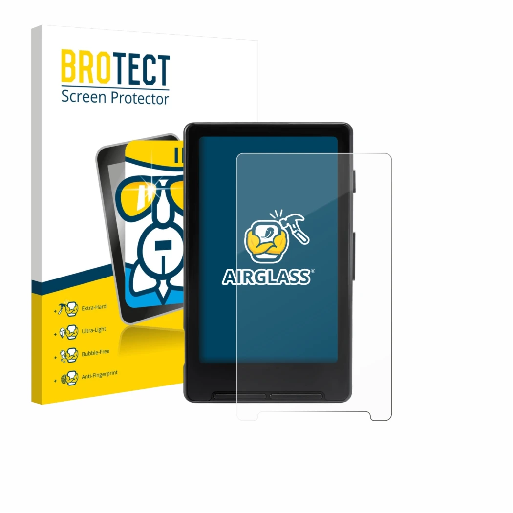 Face avant d’un emballage produit avec le logo de la marque BROTECT. À côté, l’appareil Xteink X4 est représenté avec la prote