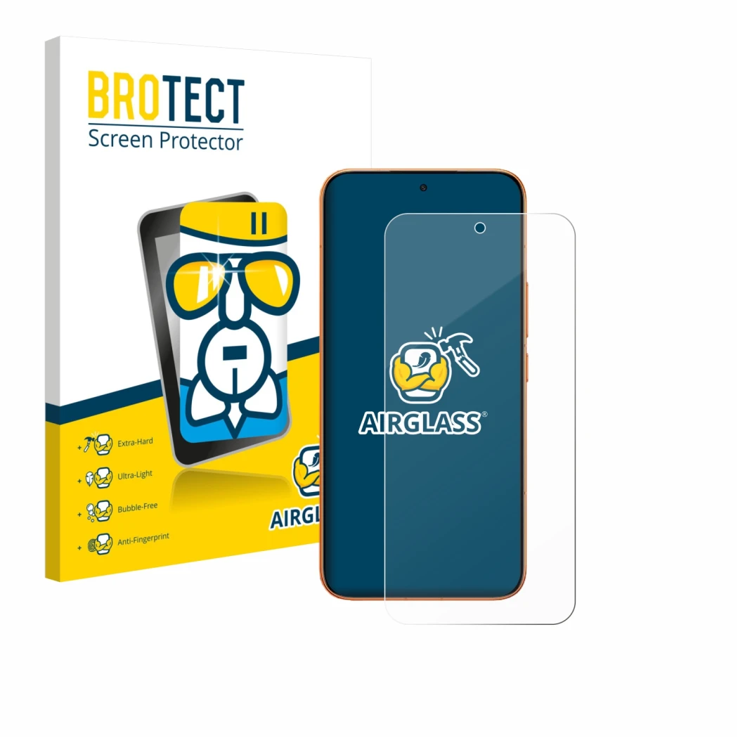 Face avant d’un emballage produit avec le logo de la marque BROTECT. À côté, l’appareil Xiaomi Redmi Turbo 5 Max est représent