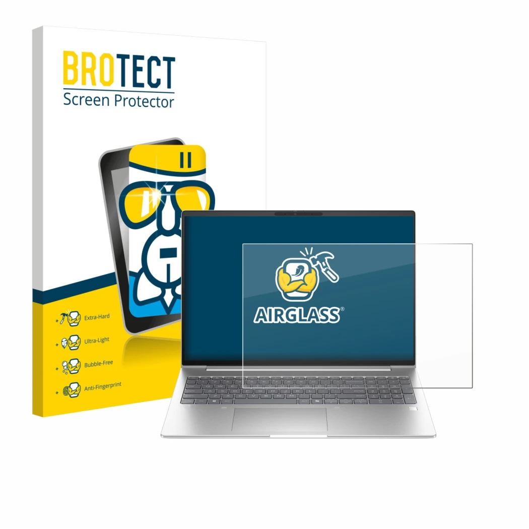 Face avant d’un emballage produit avec le logo de la marque BROTECT. À côté, l’appareil HP EliteBook 6 G1ah 16