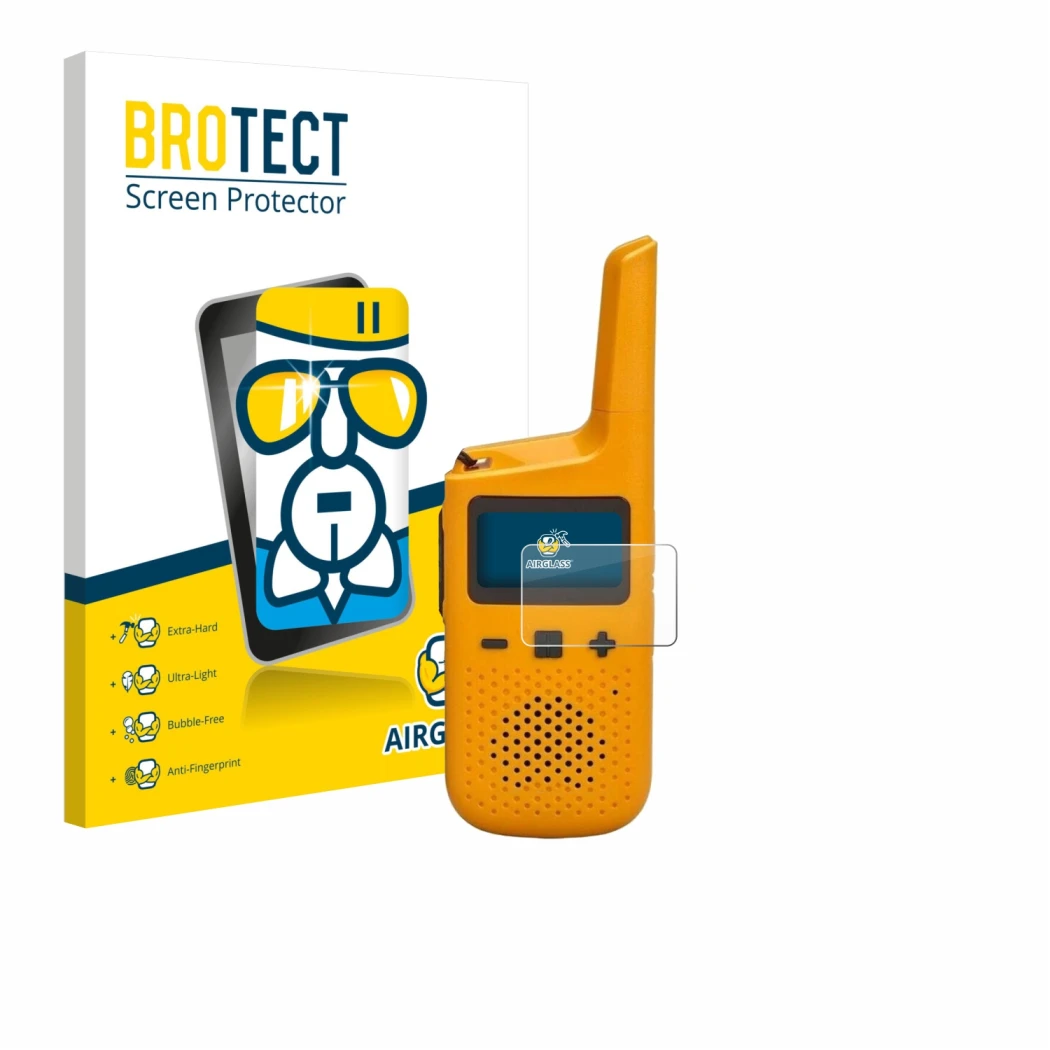 Face avant d’un emballage produit avec le logo de la marque BROTECT. À côté, l’appareil Motorola Talkabout T72 est représenté