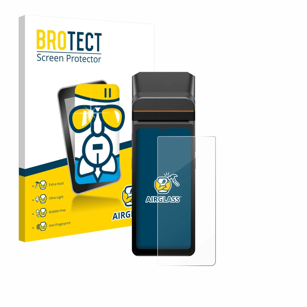 Face avant d’un emballage produit avec le logo de la marque BROTECT. À côté, l’appareil Sunmi V3 A13 est représenté avec la pr