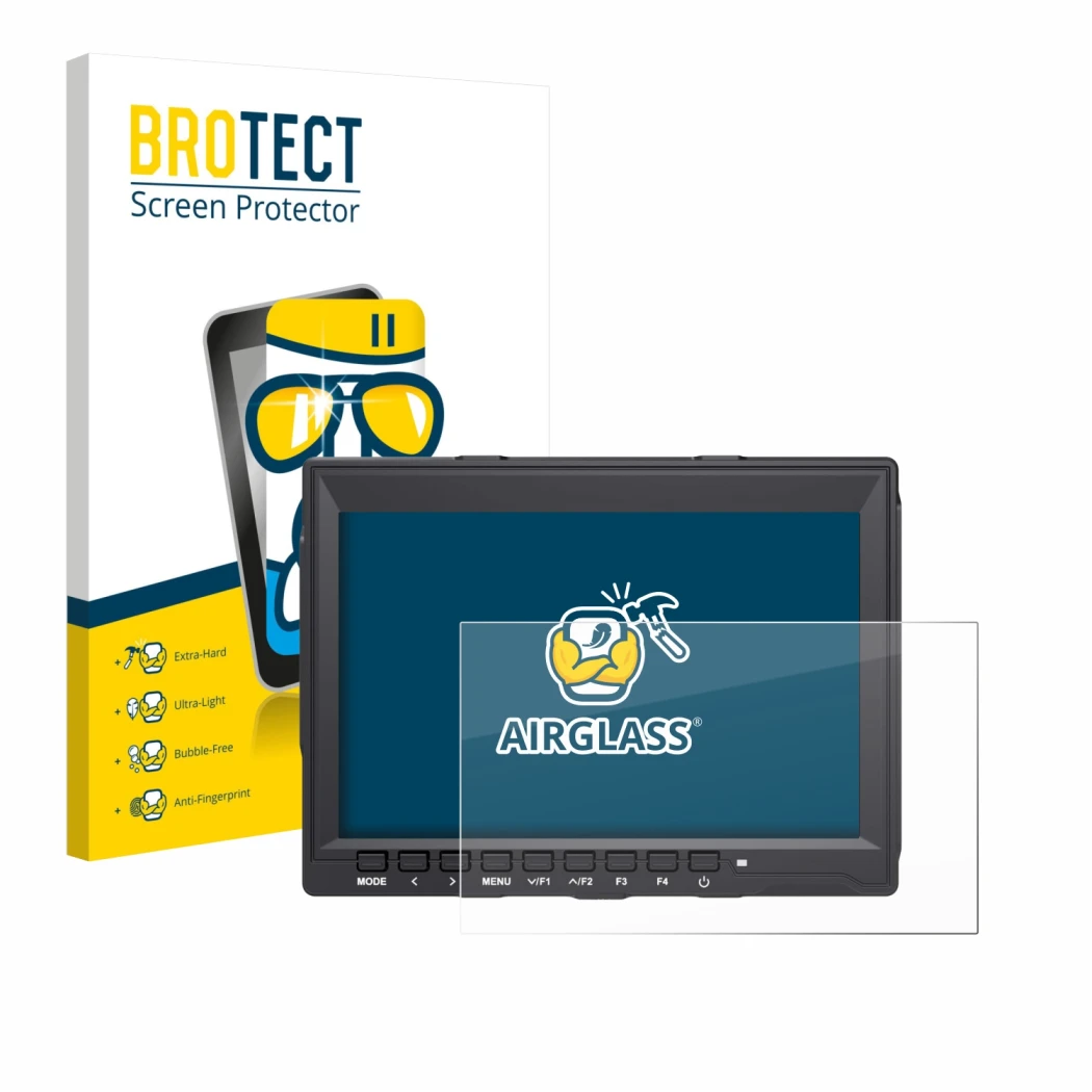 Face avant d’un emballage produit avec le logo de la marque BROTECT. À côté, l’appareil Feelworld FW759 7