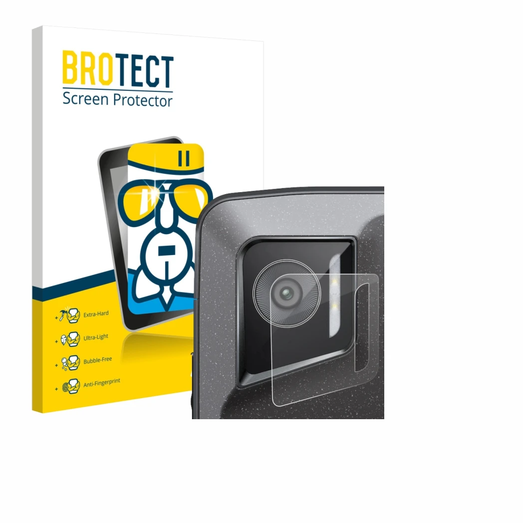 Face avant d’un emballage produit avec le logo de la marque BROTECT. À côté, l’appareil Crosscall Stellar M6E (Caméra UNIQUEME