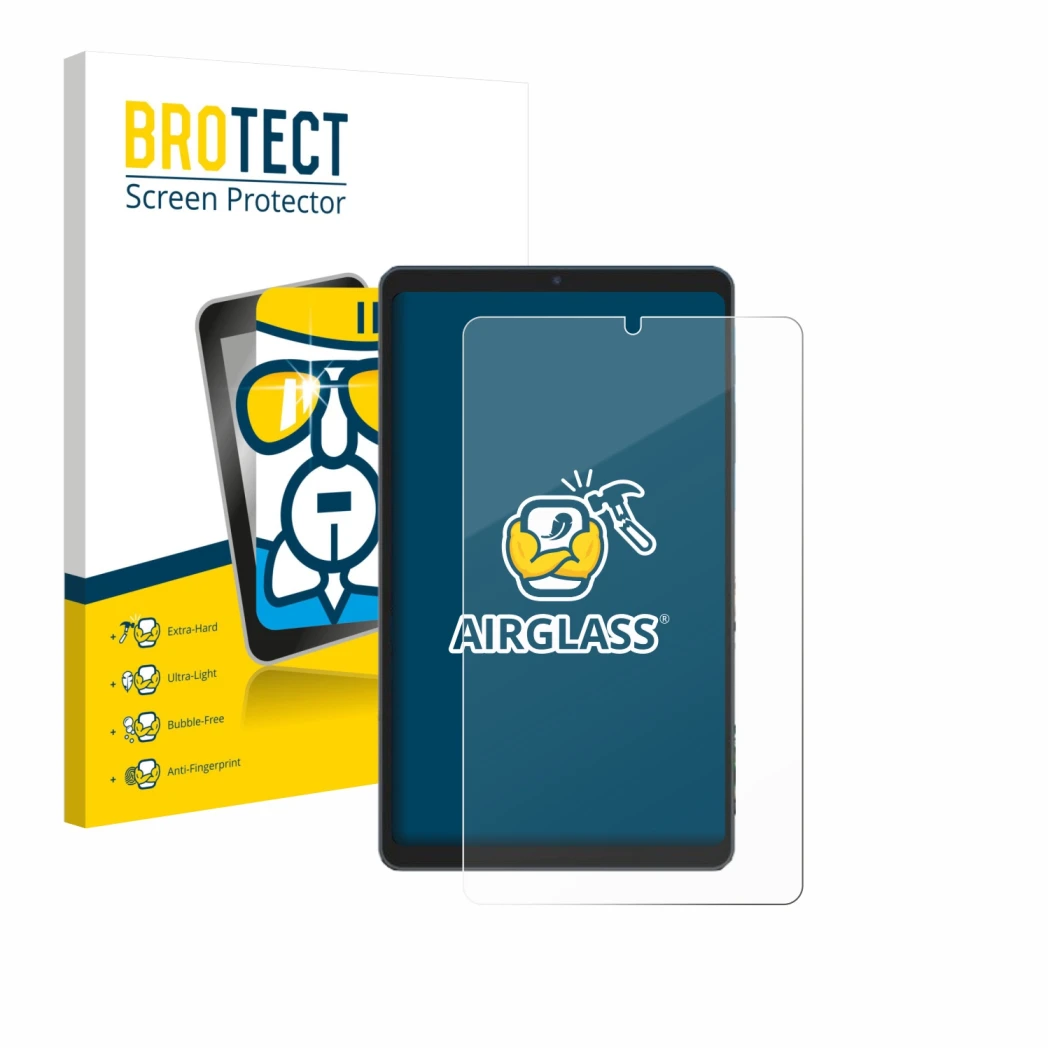 Face avant d’un emballage produit avec le logo de la marque BROTECT. À côté, l’appareil Chuwi AuPad Mini est représenté avec l