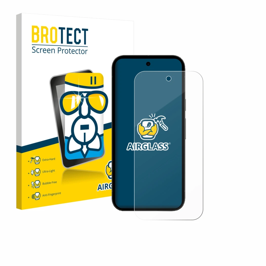 Face avant d’un emballage produit avec le logo de la marque BROTECT. À côté, l’appareil Google Pixel 10a est représenté avec l