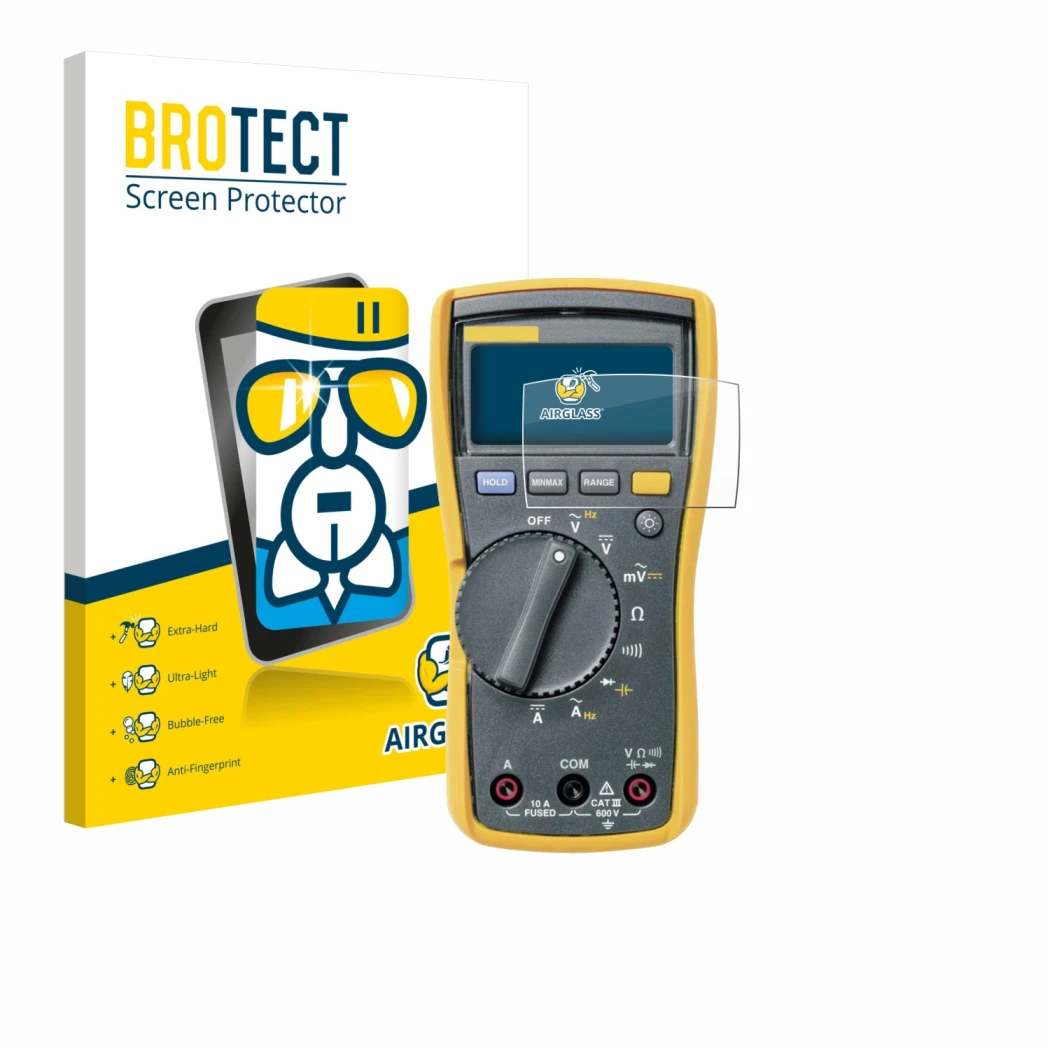 Face avant d’un emballage produit avec le logo de la marque BROTECT. À côté, l’appareil Fluke MultiMeter 113 est représenté av