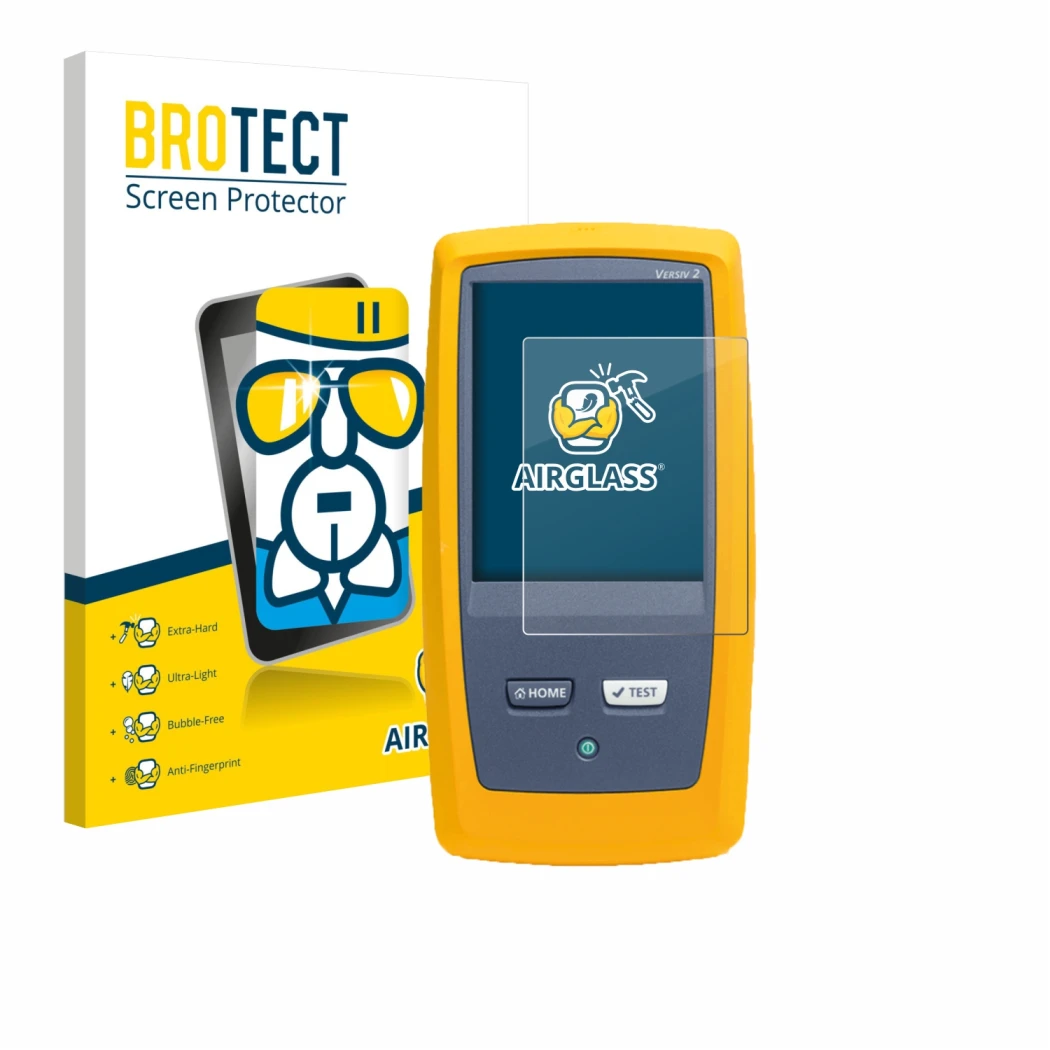 Face avant d’un emballage produit avec le logo de la marque BROTECT. À côté, l’appareil Fluke DSX8000 est représenté avec la p