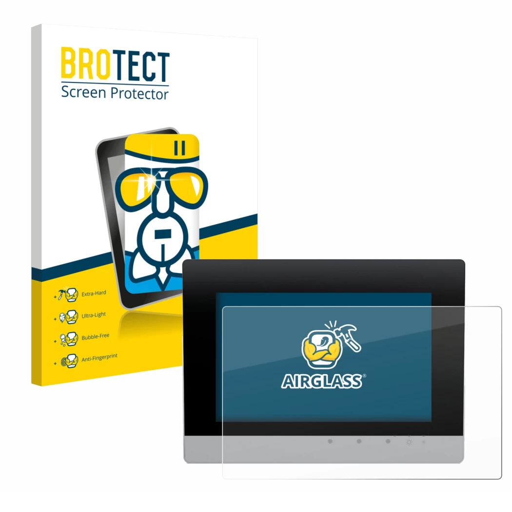 Face avant d’un emballage produit avec le logo de la marque BROTECT. À côté, l’appareil WAGO Touch Panel 600 Web Panel est rep