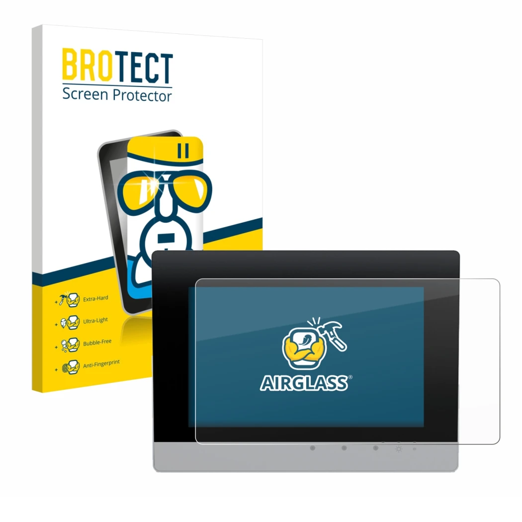 Face avant d’un emballage produit avec le logo de la marque BROTECT. À côté, l’appareil WAGO Control Panel Touch Panel 600 est