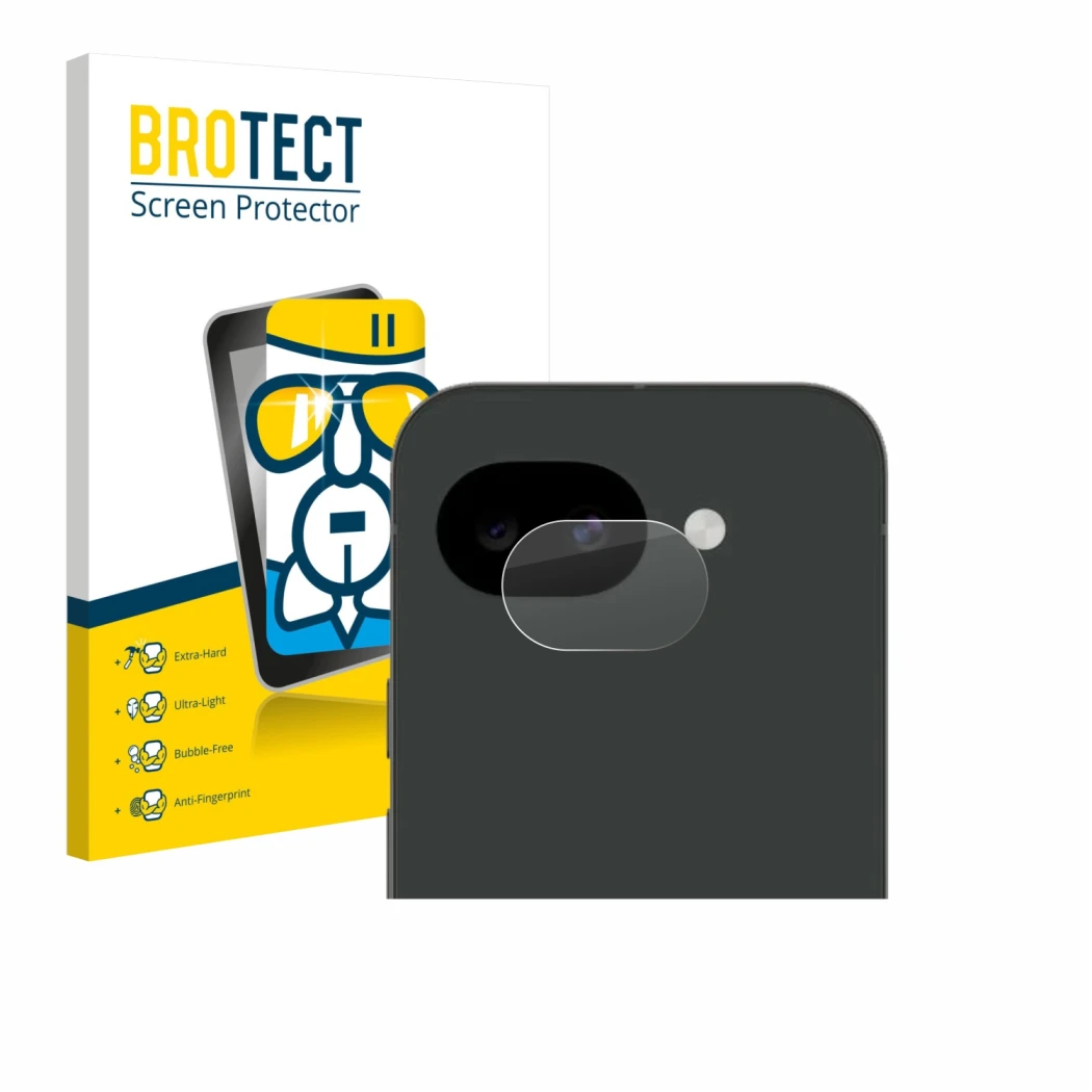 Face avant d’un emballage produit avec le logo de la marque BROTECT. À côté, l’appareil Google Pixel 10a (Caméra UNIQUEMENT) e