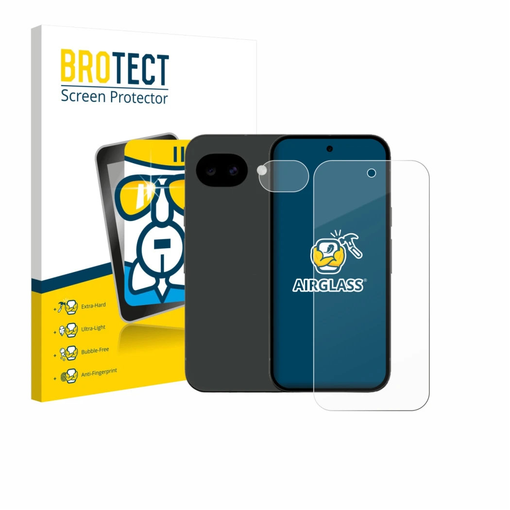 Face avant d’un emballage produit avec le logo de la marque BROTECT. À côté, l’appareil Google Pixel 10a (Avant+Caméra) est re