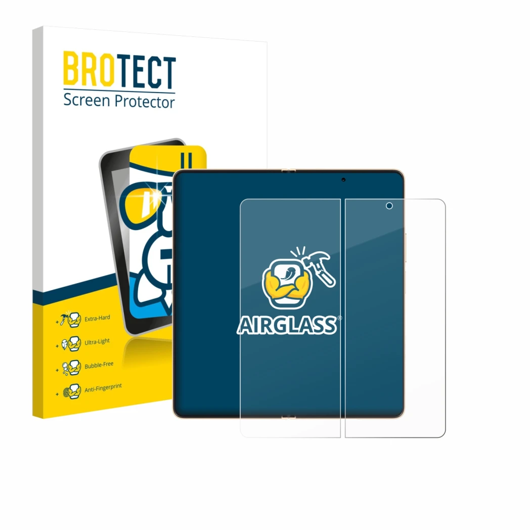 Face avant d’un emballage produit avec le logo de la marque BROTECT. À côté, l’appareil Honor Magic V6 (Affichage interne) est