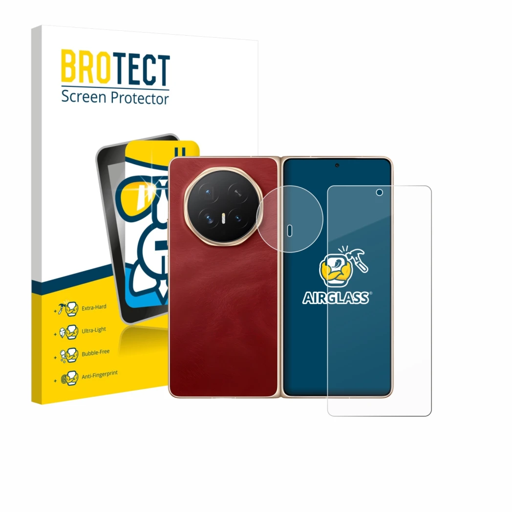 Face avant d’un emballage produit avec le logo de la marque BROTECT. À côté, l’appareil Honor Magic V6 (Avant+Caméra) est repr