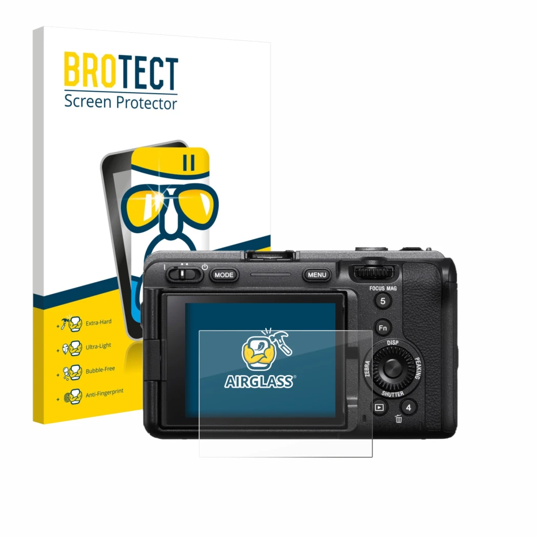 Face avant d’un emballage produit avec le logo de la marque BROTECT. À côté, l’appareil Sony FX3A (ILME‑FX3A) est représenté a