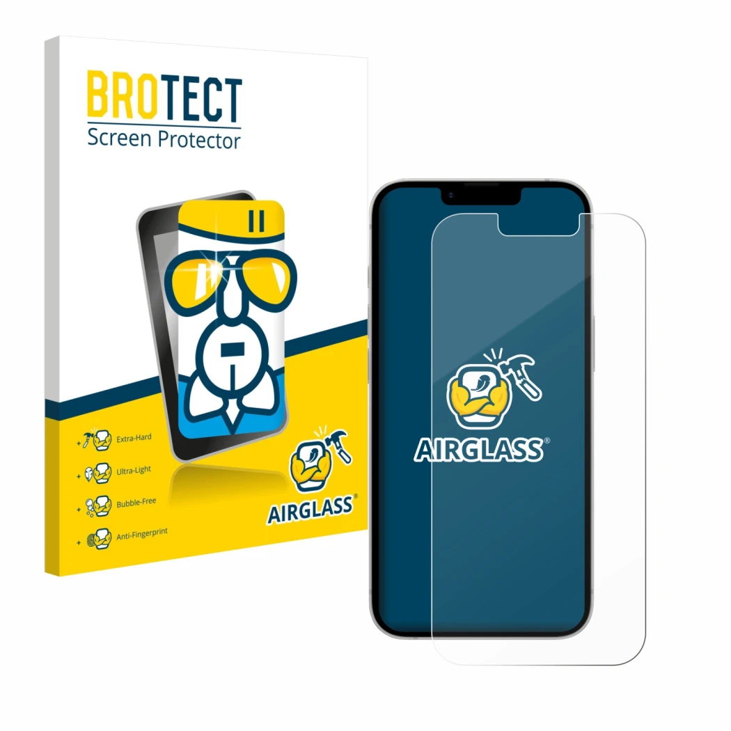 Face avant d’un emballage produit avec le logo de la marque BROTECT. À côté, l’appareil Apple iPhone 17e est représenté avec l