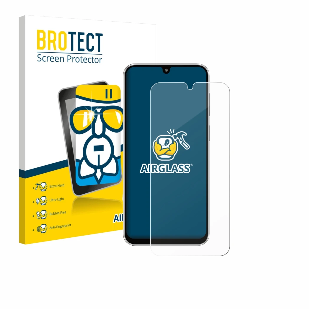 Face avant d’un emballage produit avec le logo de la marque BROTECT. À côté, l’appareil Samsung Galaxy M36 est représenté avec