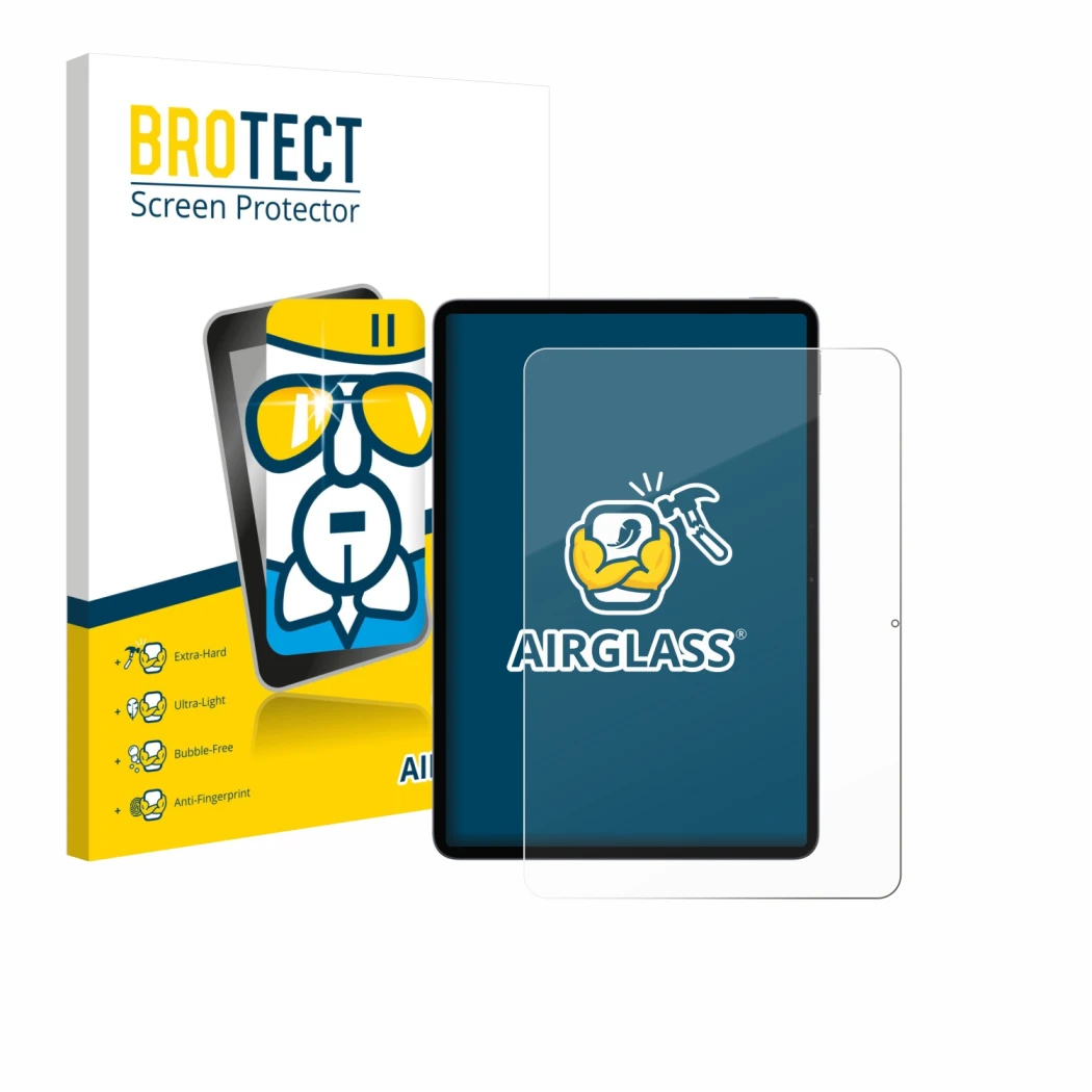 Face avant d’un emballage produit avec le logo de la marque BROTECT. À côté, l’appareil Xiaomi Pad 8 est représenté avec la pr