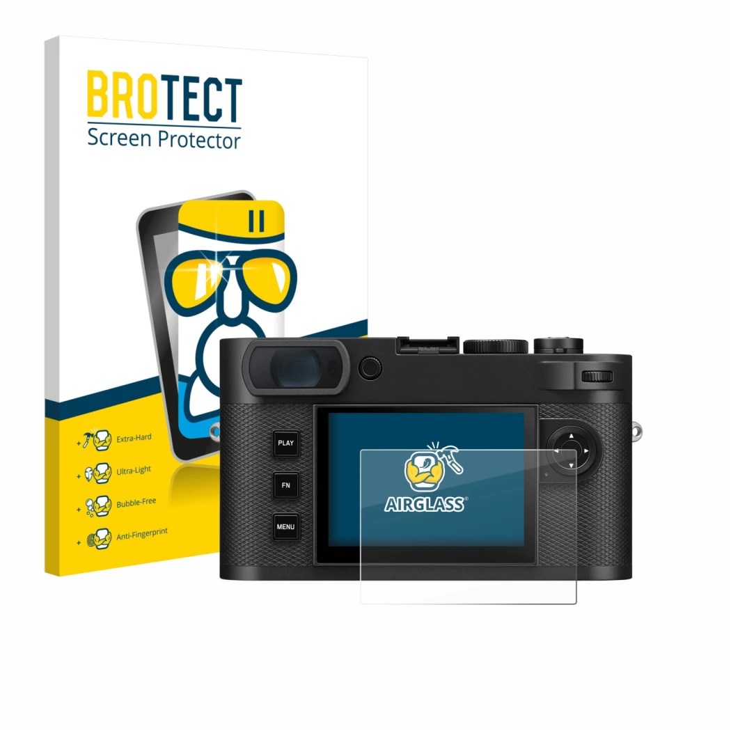 Face avant d’un emballage produit avec le logo de la marque BROTECT. À côté, l’appareil Leica M EV1 est représenté avec la pro