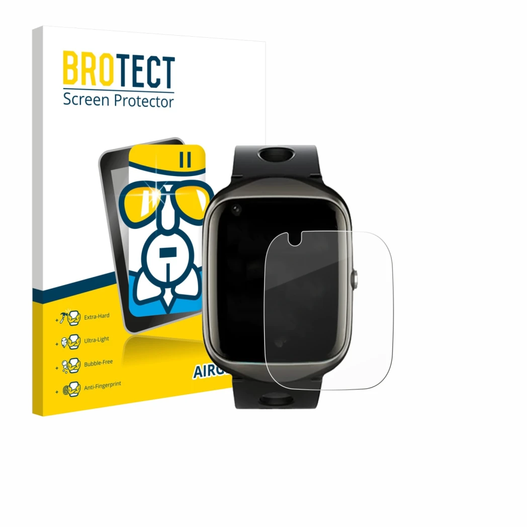 Face avant d’un emballage produit avec le logo de la marque BROTECT. À côté, l’appareil ABUBU SmartWatch PBL2 est représenté a